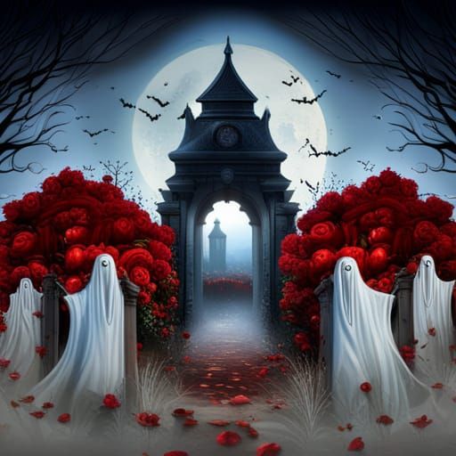 Halloween Graveyard with Ghosts and Red Roses