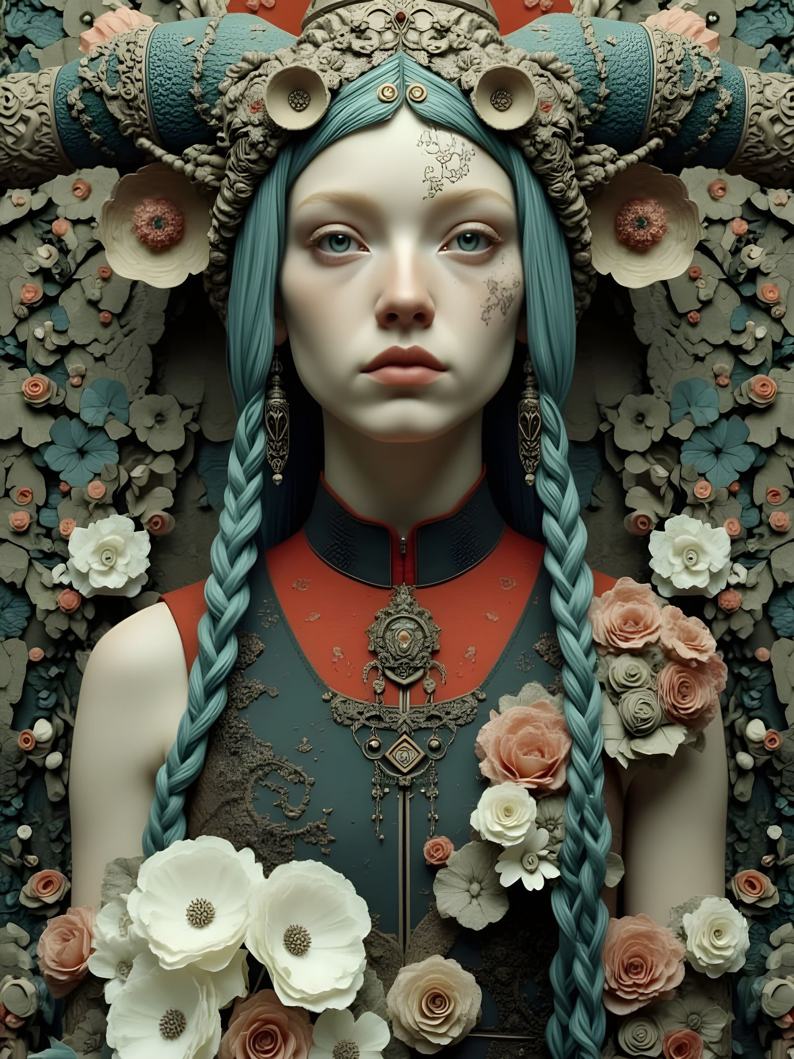 Stylized Futuristic Character with Turquoise Braids and Red ...