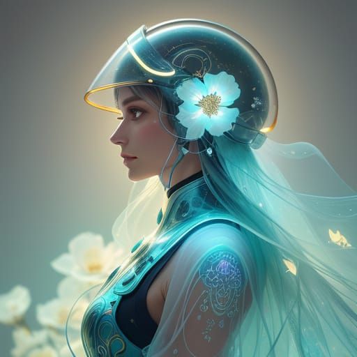 Ethereal Futuristic Portrait with Glowing Flowers