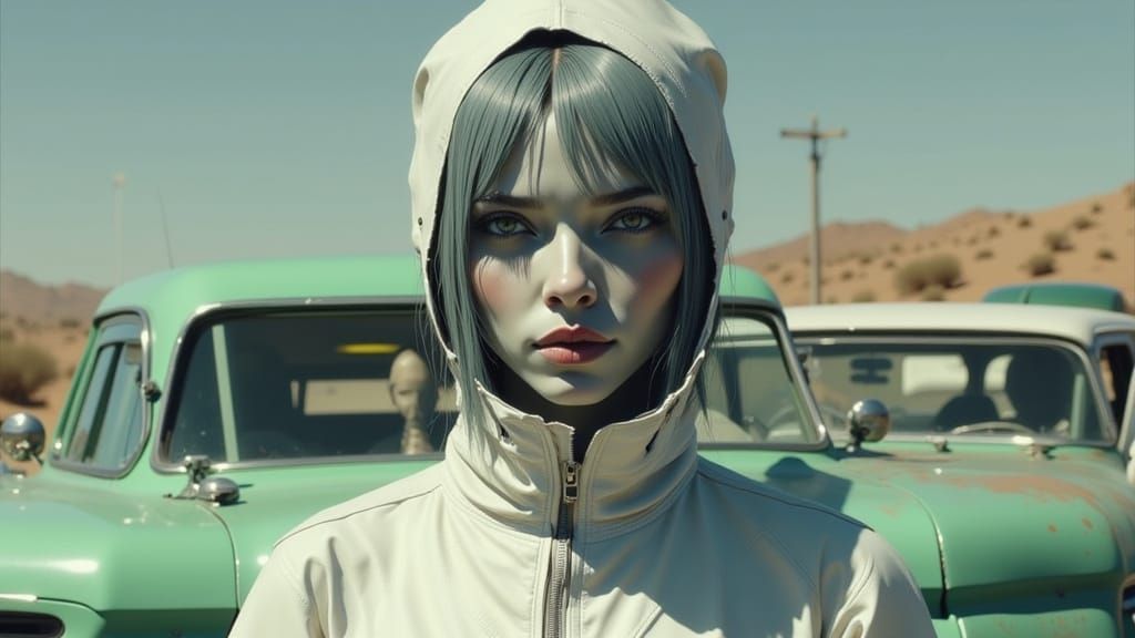 Grey Skinned Person in White Jumpsuit by Green Car