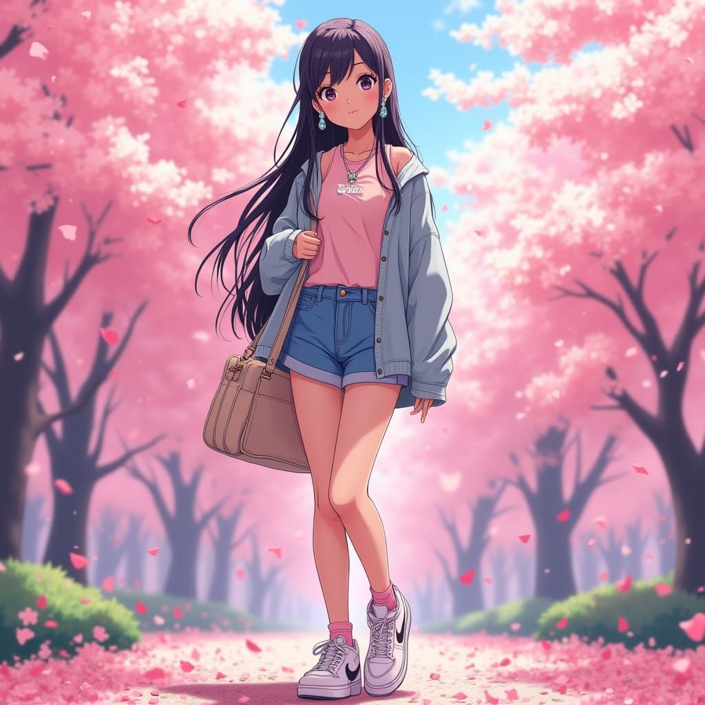 Anime Woman in Cherry Blossom Garden