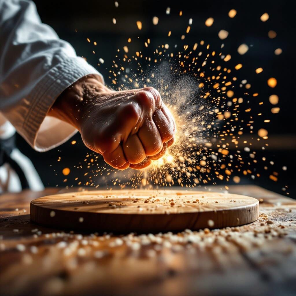 Karate Fist Shattering Wooden Board in Dynamic Action Shot