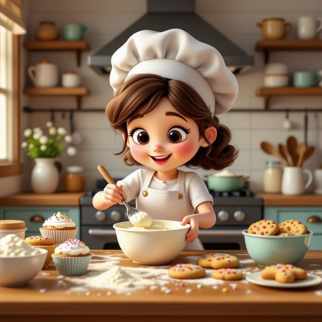 Cartoon Baker in Pixar-Inspired Kitchen Scene