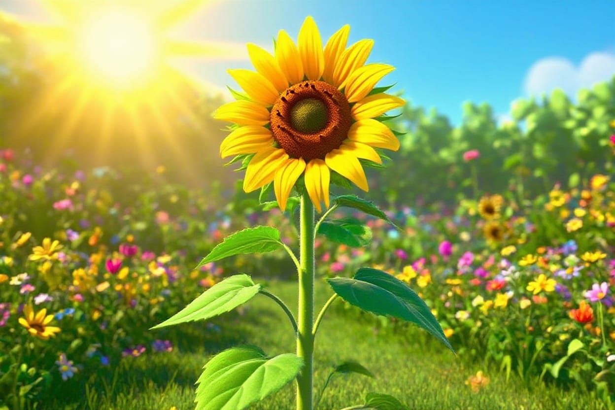 Vibrant Spring Garden with Sunflowers in 3D Pixar Style