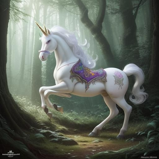 White Unicorn with Elves: Hyperrealistic Splash Art