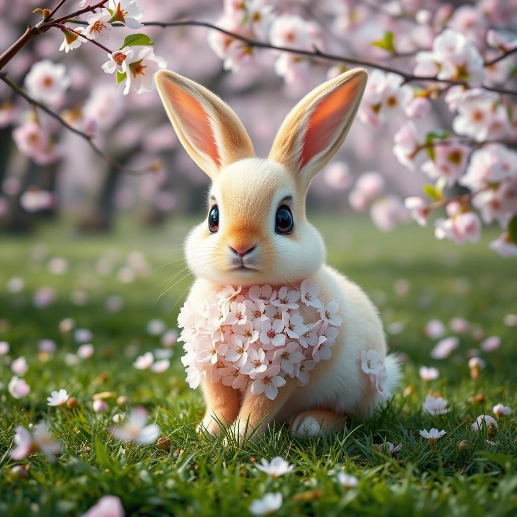 Realistic Cherry Blossom Bunny in Serene Sakura Forest