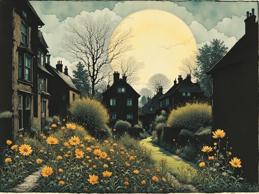 Sunbeams Illuminate Blooming Garden Between Dark Houses