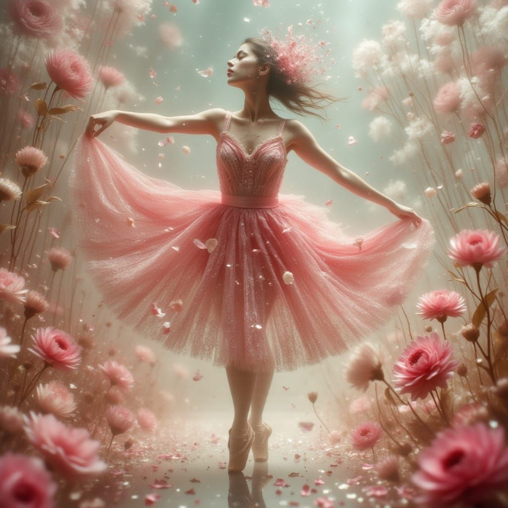 Ballerina Dancing in Flower Petal Tutu: Hyper-Realistic Illu...
