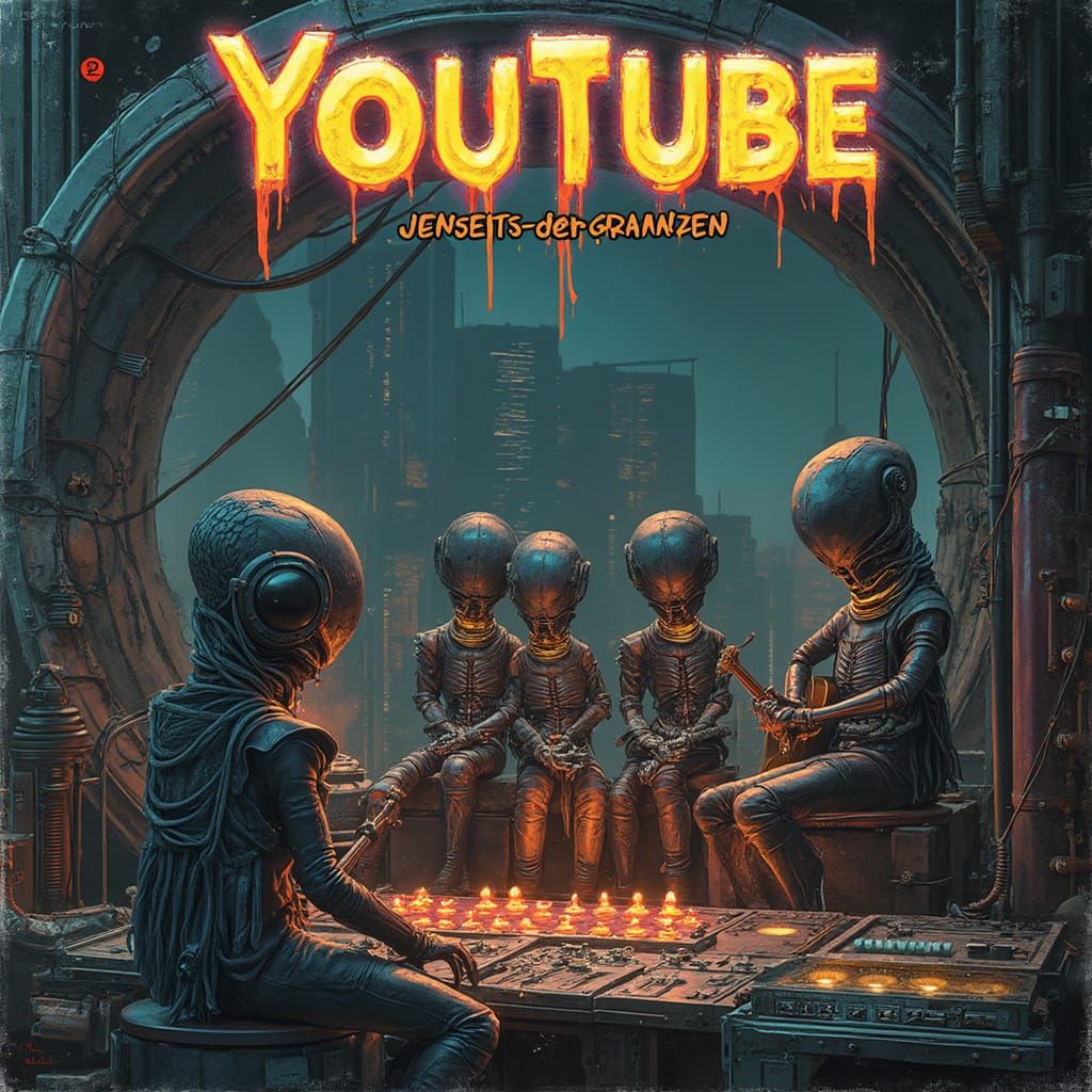 Futuristic Alien Rock Band LP Cover in Cyberpunk Style