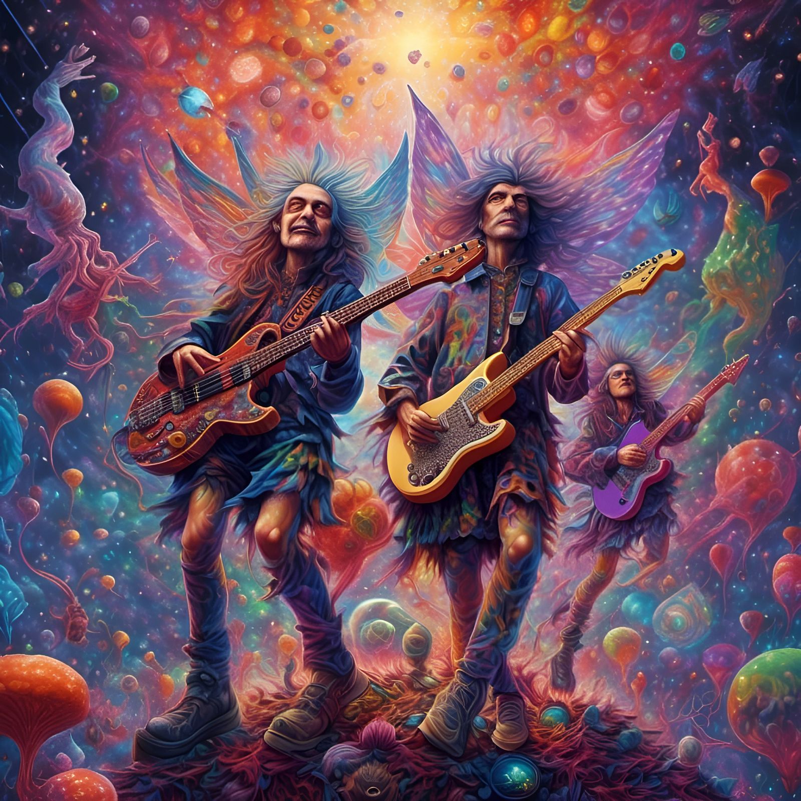 Psychedelic Fairies Dancing in Holographic Illustration