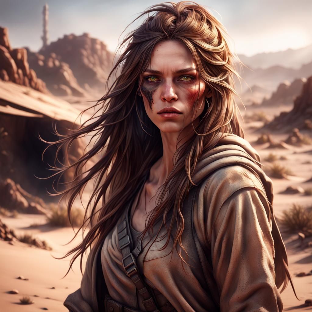 Post-Apocalyptic Woman with Long Hair in the Desert