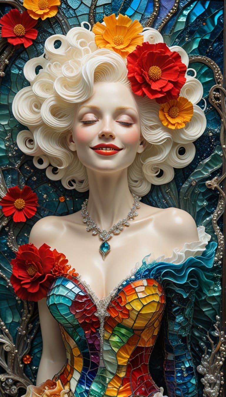 Stained Glass Albino Woman Sculpture on Stormy Beach