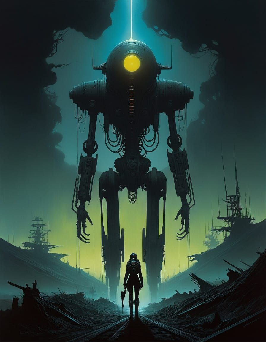 Biomechanical Hero Stands Ready in Dark, Gigeresque Environm...