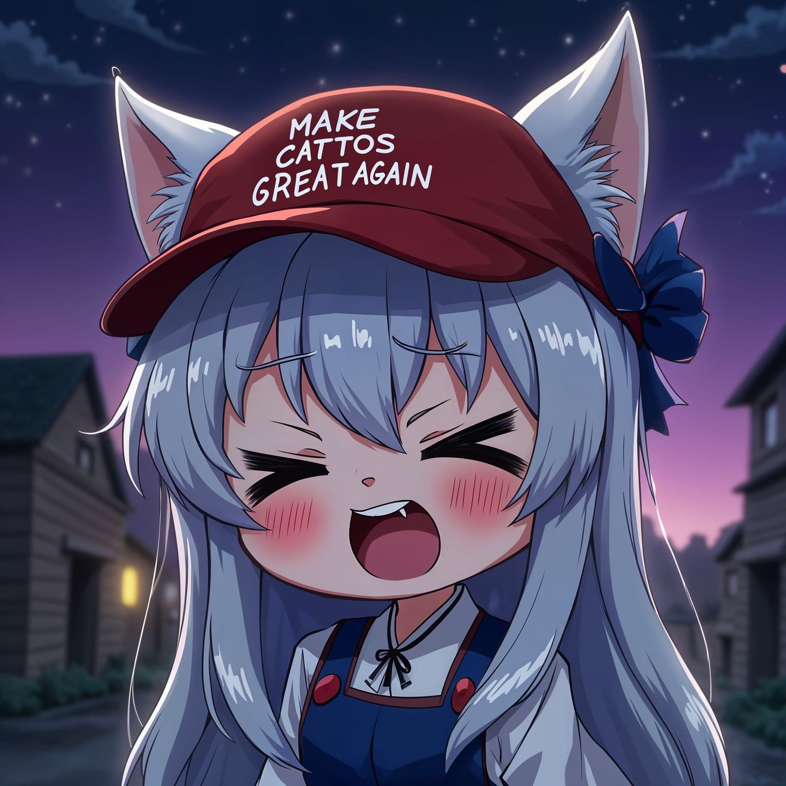Adorable Chibi Catgirl Yawning in Rural Town