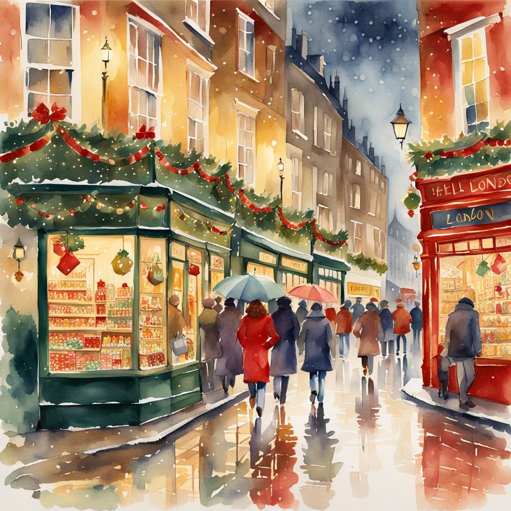 Festive London Shopping Scene in Watercolor Style