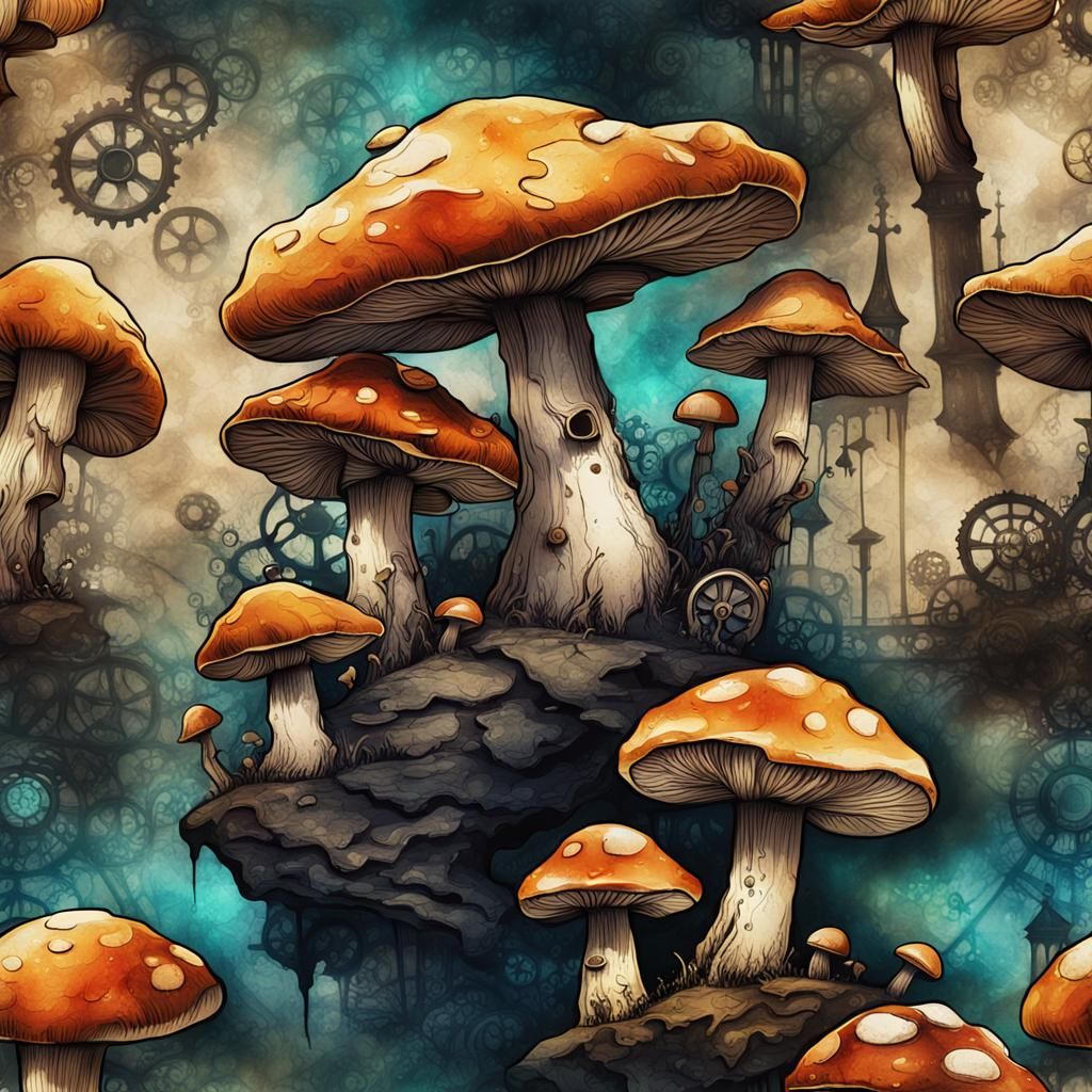 Steampunk Mushrooms in Vintage Ink Painting