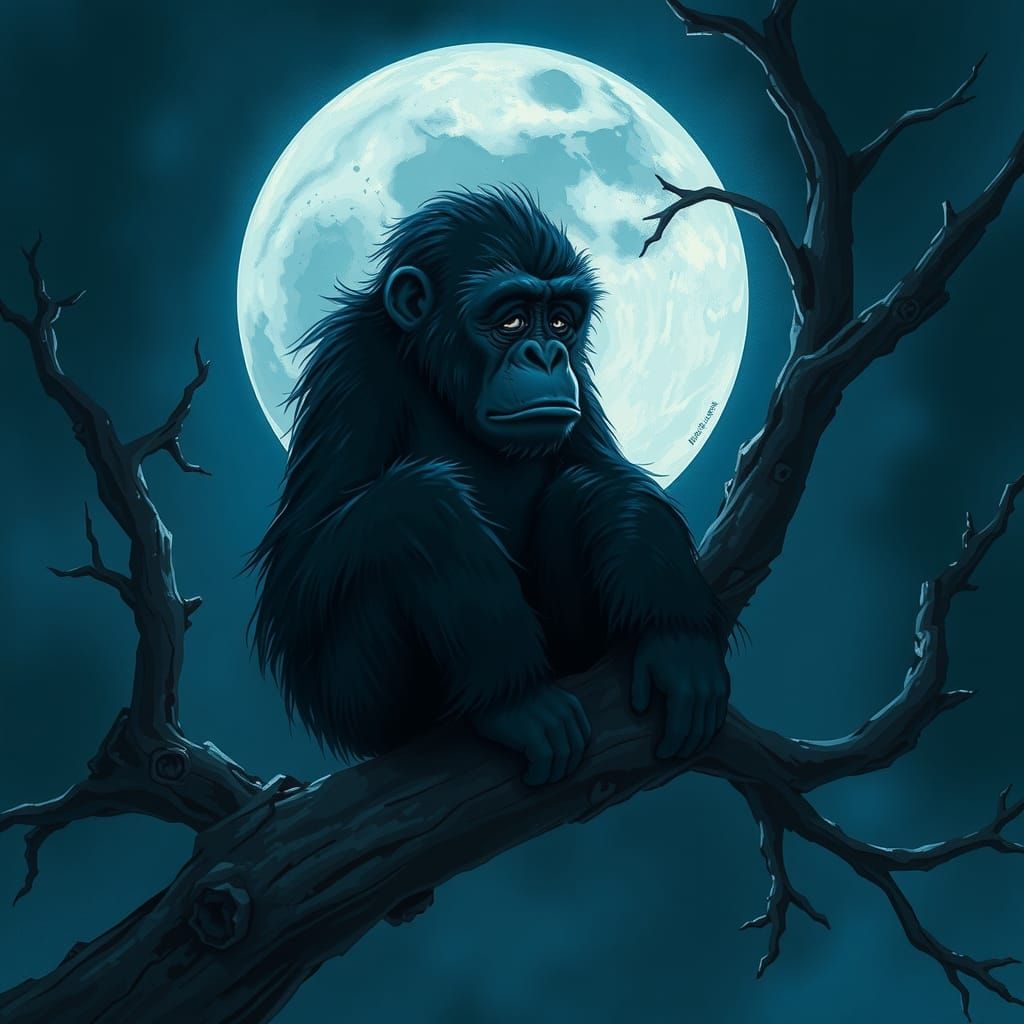 Sorrowful Gorilla in Moonlight: An Atmospheric Digital Paint...