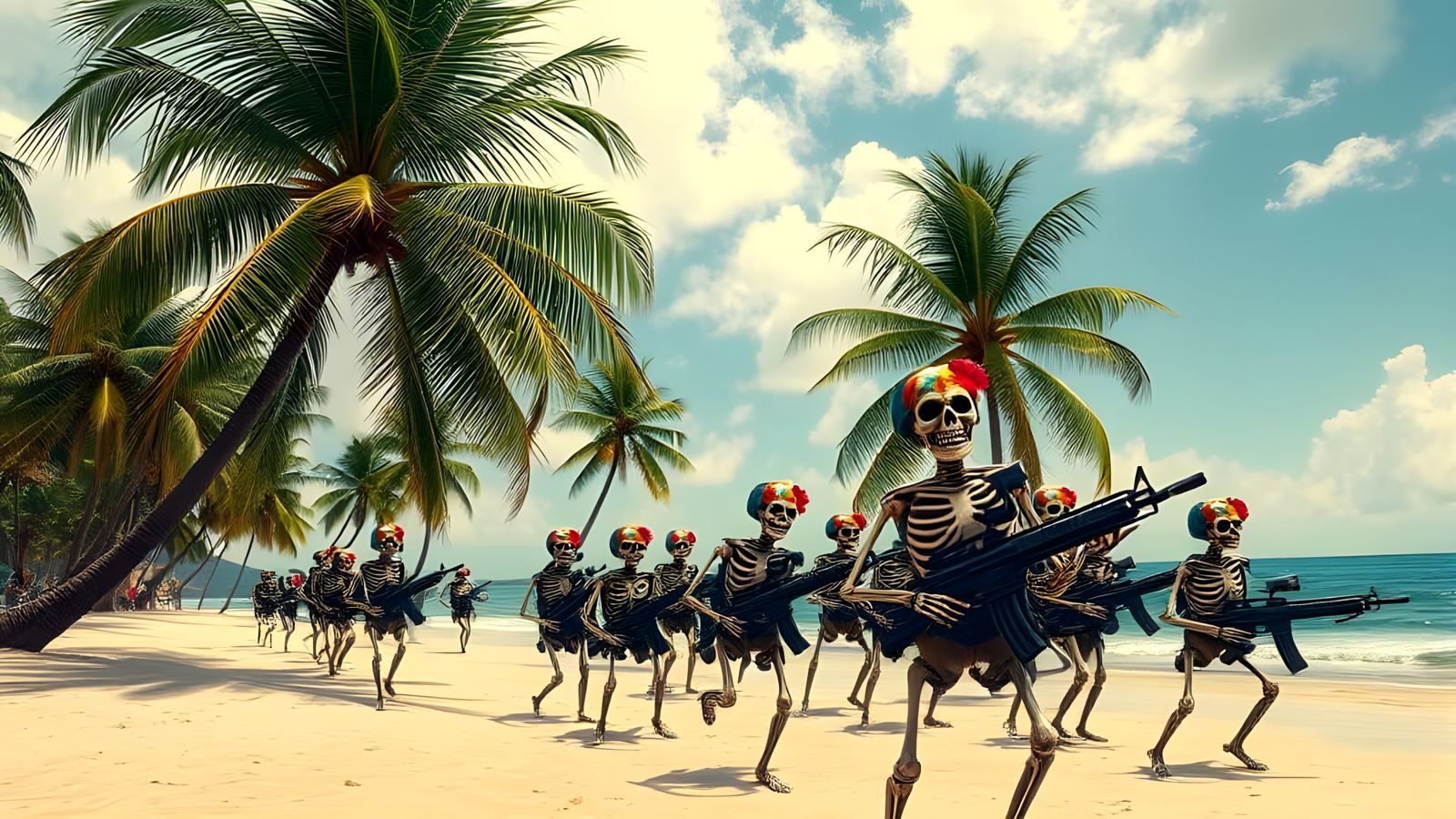 Warm Oil Painting of Tropical Beach with Armed Skeletons