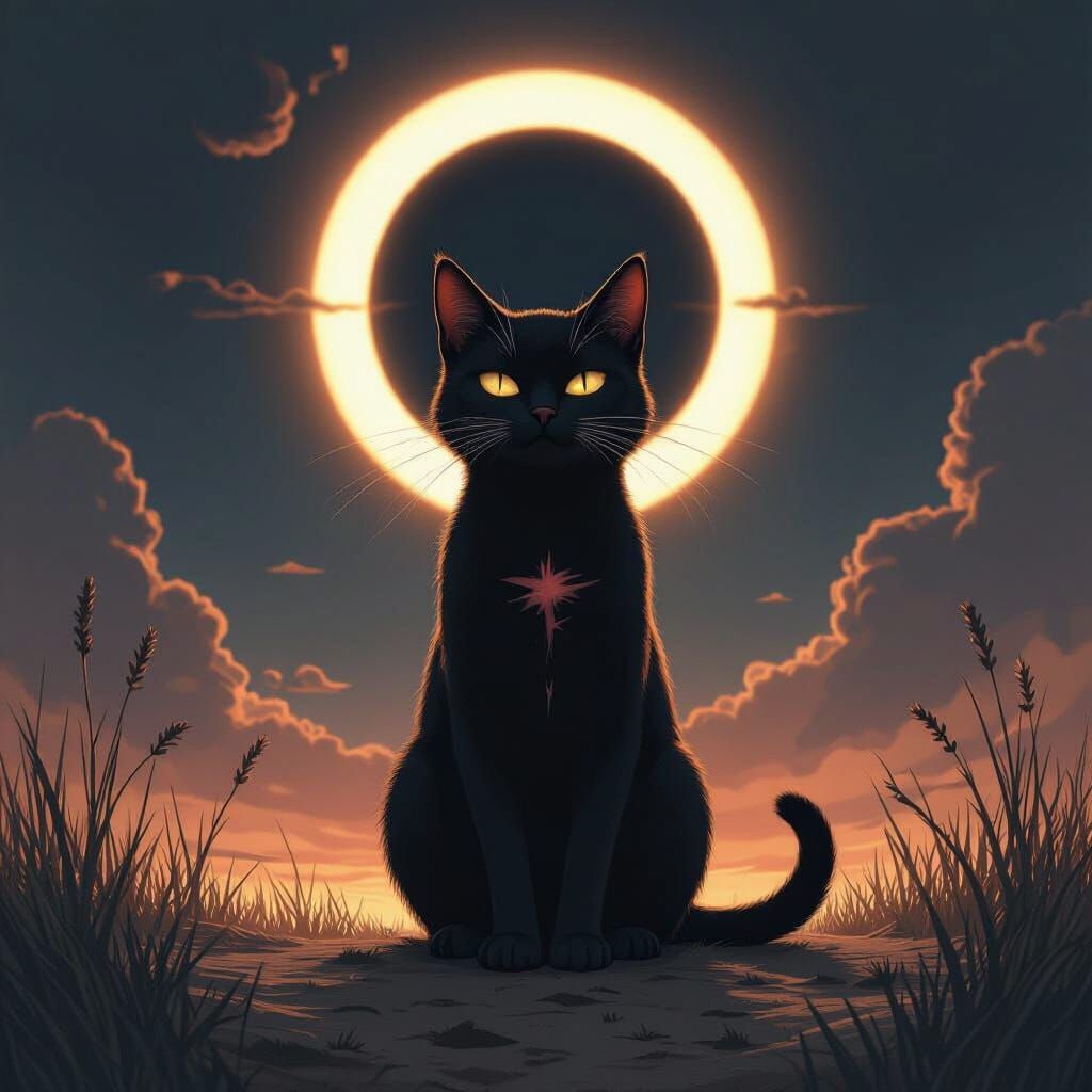 Ominous Eclipse: Black Cat with Six Chest Wounds
