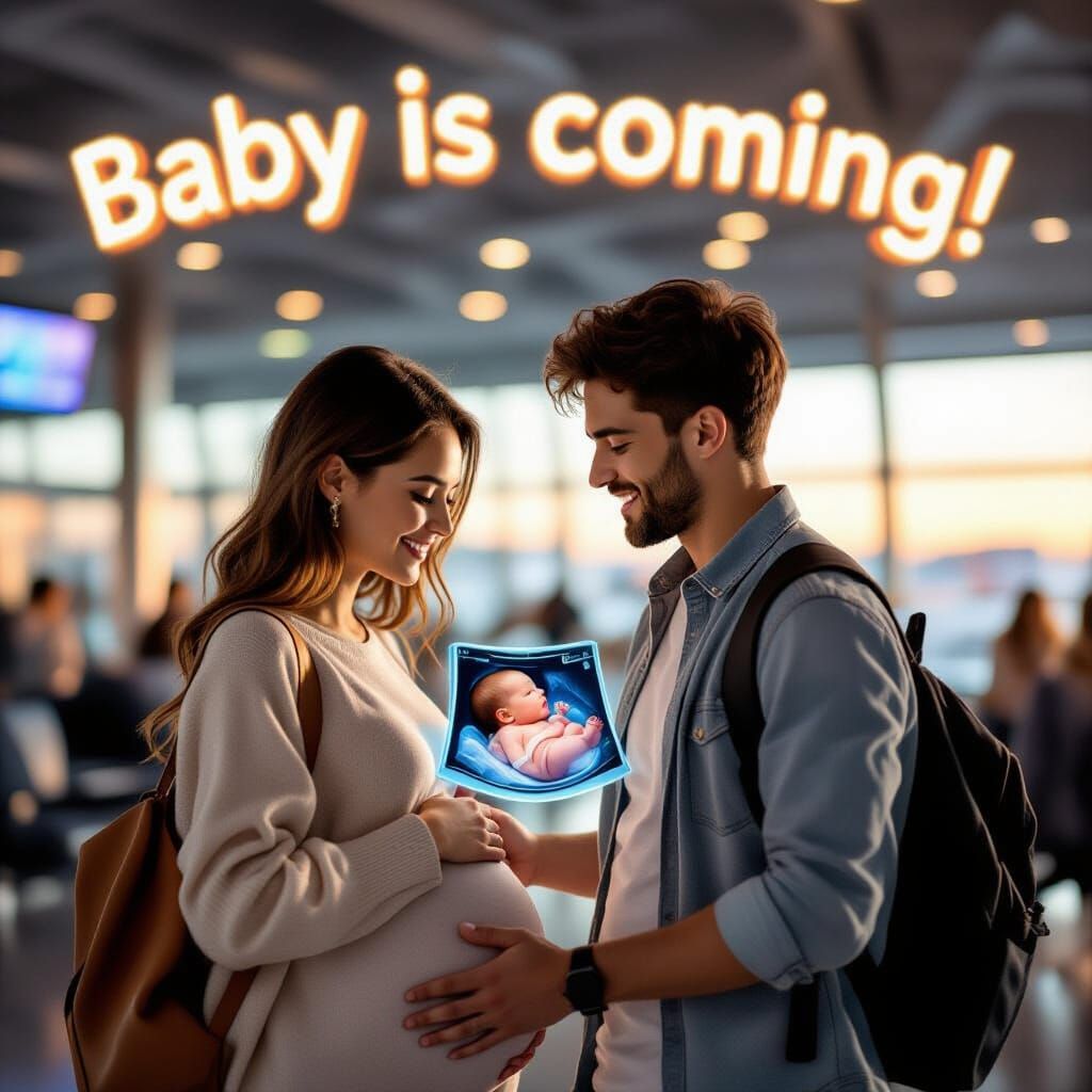 Couple in Airport Awaiting Baby's Arrival