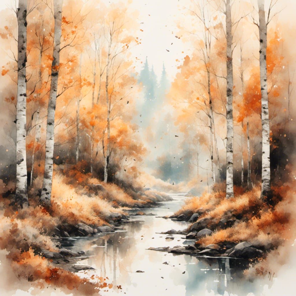 Watercolor Stream Through Autumnal Birch Woodland