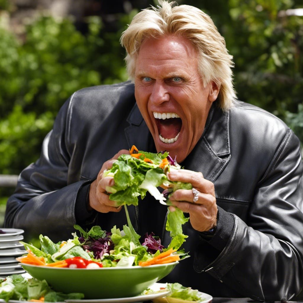 Grotesque Gary Busey Laughing and Eating Salad