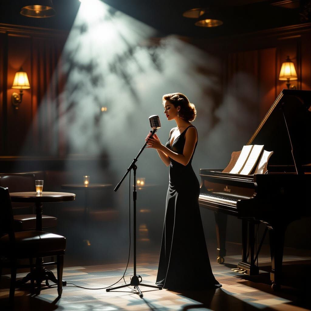 Lone Singer in Smoky 1940s Jazz Club Spotlight