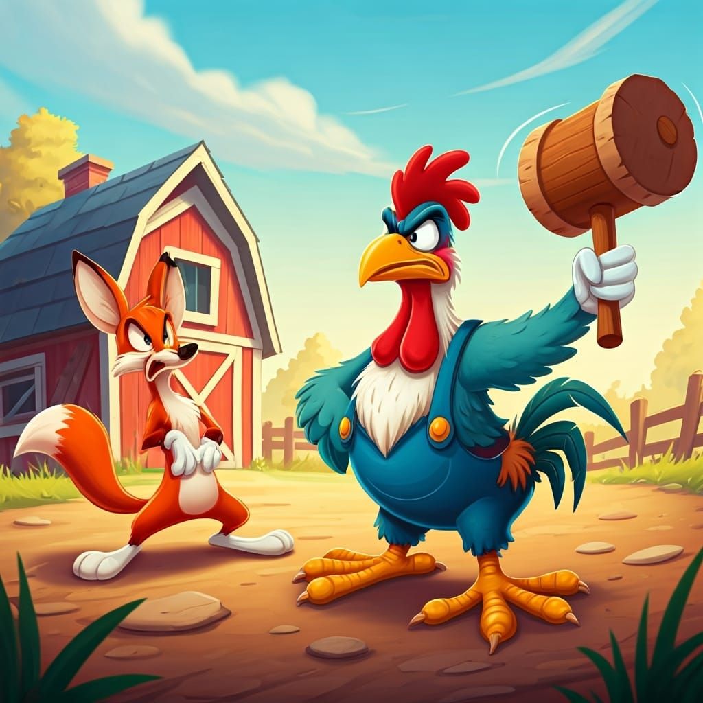 Cartoon Rooster Attacks Fox with Mallet