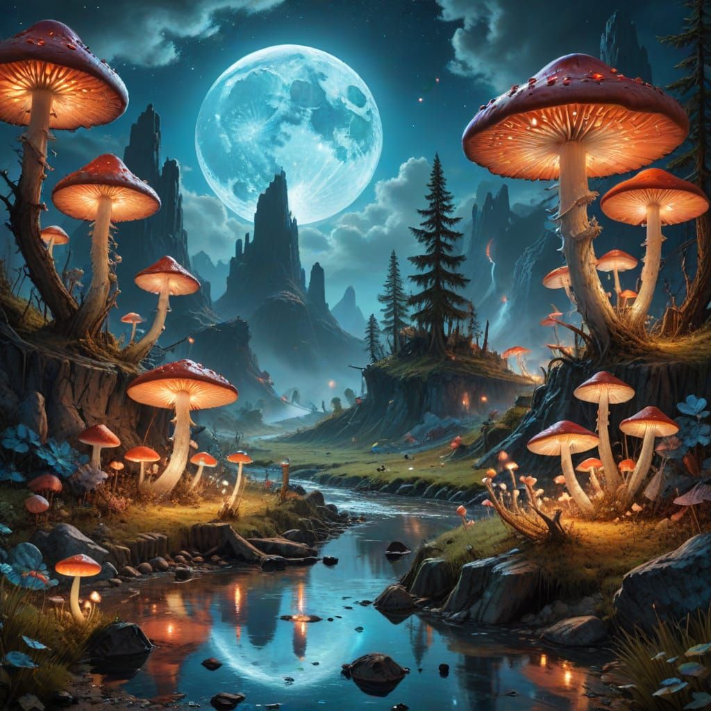 Surreal Landscape with Crystal River and Glowing Mushrooms u...