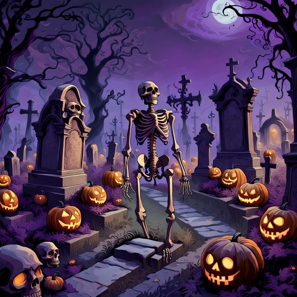 Spooky Graveyard Skeletons: A Dark Fantasy Art Nouveau Scene
