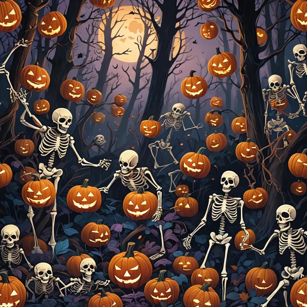Skeletons and Jack-o'-Lanterns in Eerie Forest
