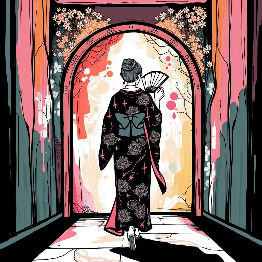 Woman in Kimono Enters Vibrant Portal in Black and White Lin...