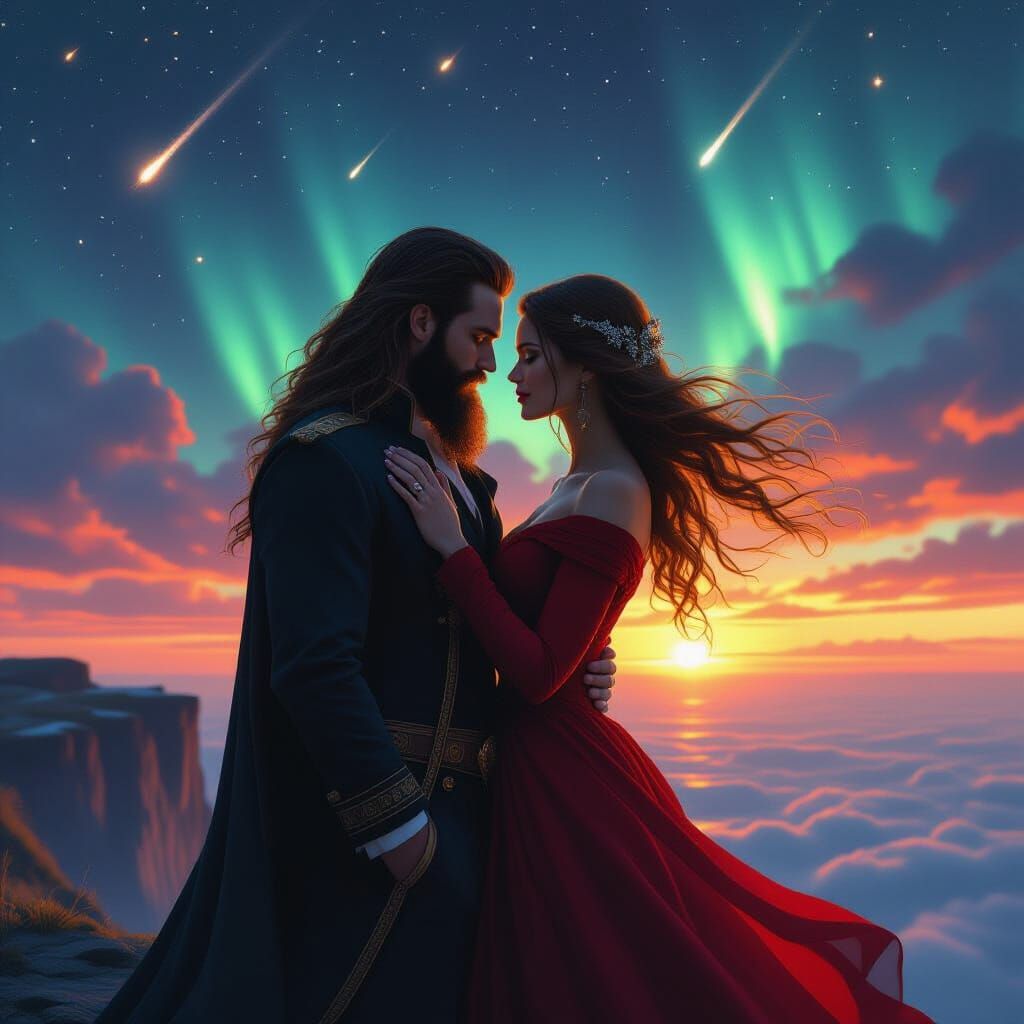 Couple on Cliff at Sunset in Sci-Fi Style