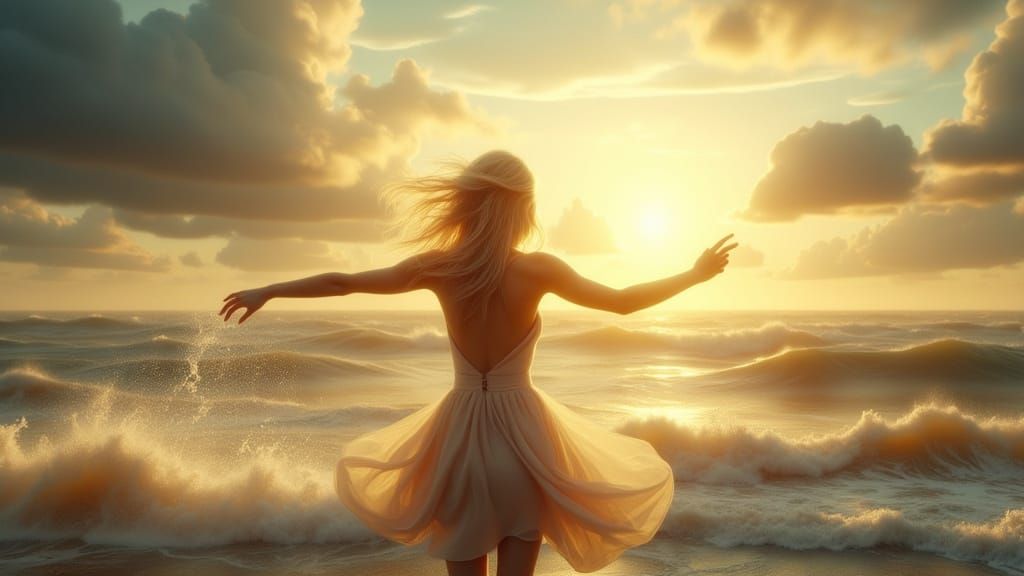 Woman Stands Amidst Storm and Sunlight in Anime Style