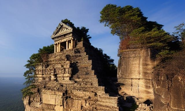 Ancient Cliffside Temple Overlooking Waterfalls