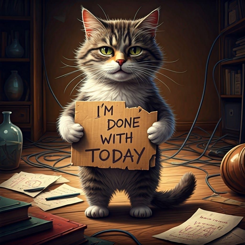 Disheveled Cat Clutches Faded Sign in Cluttered, Surrealist ...