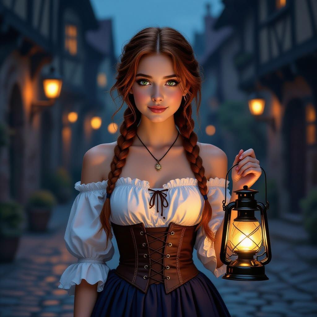 Girl with Lantern on Medieval Street, Digital Oil Painting