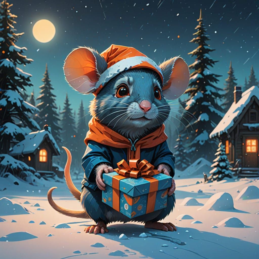 Whimsical Mouse in Santa Hat, Cradling Ornate Gift