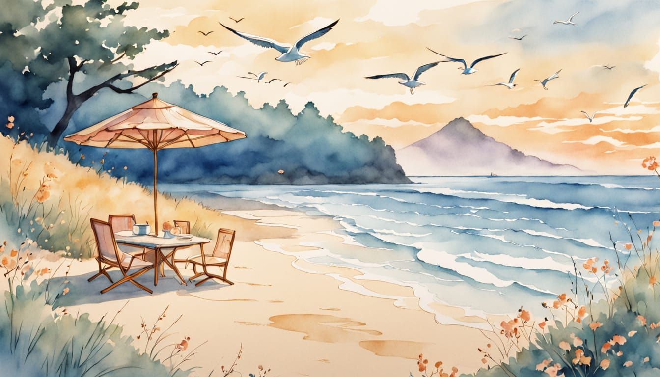 Surreal Beach Oasis in Warm Anime Style