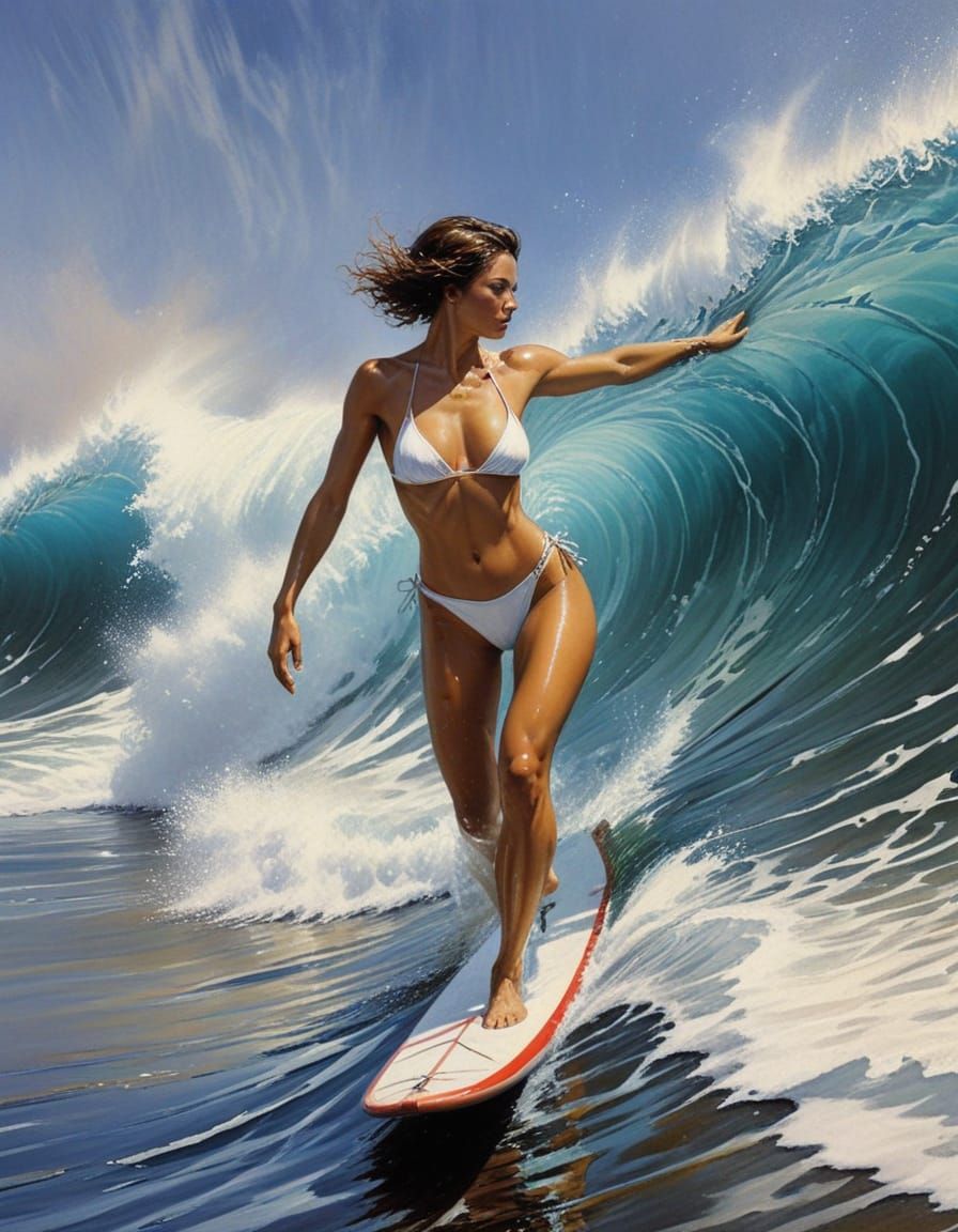 Surfer Girl Riding Pipeline Wave