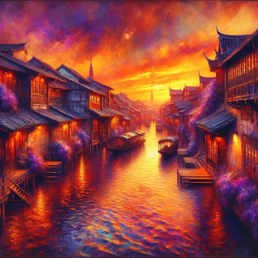 Medieval Fantasy Village at Sunset in Oil Painting Style