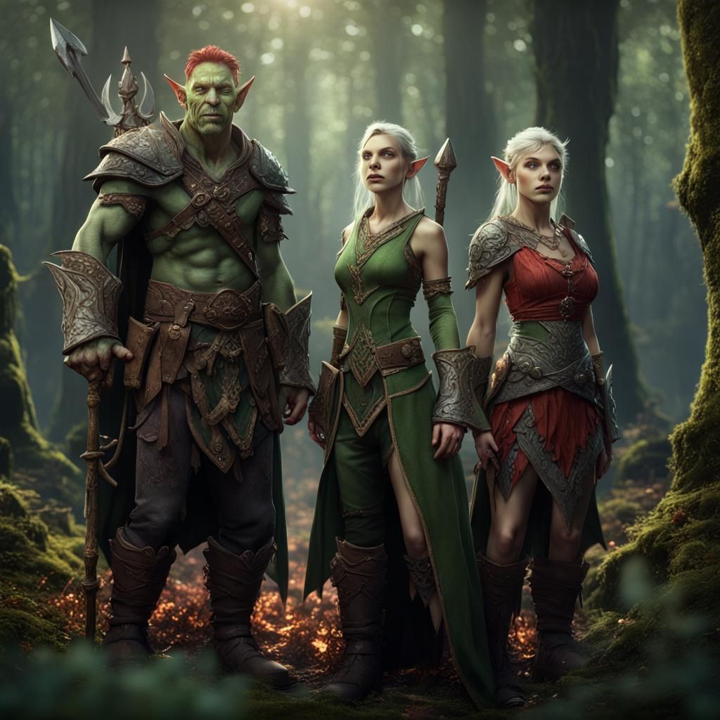 Elven and Orc Fellowship in Forest, Fantasy Art