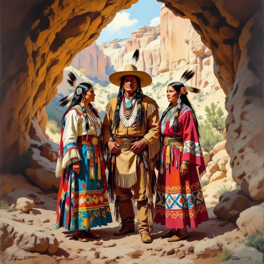 Geronimo and Wives in Arizona Cave, Historical Painting