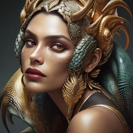 Lizard Demon Close-Up Portrait in High Fashion Style