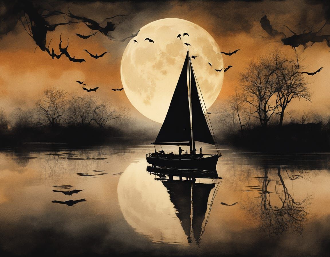 Mystical Sailboat Silhouette Under Orange Moon