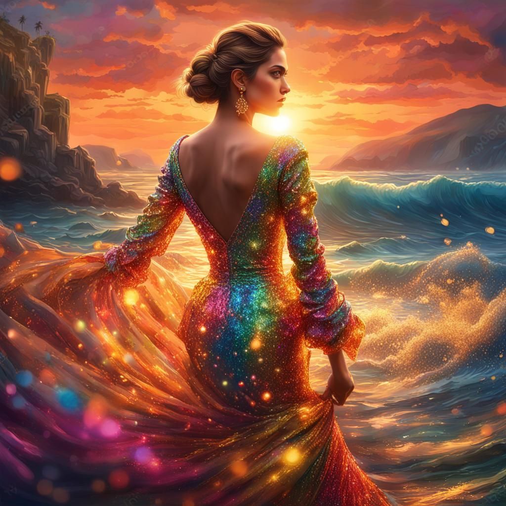 Sunset Sea Goddess in Glittery Dress