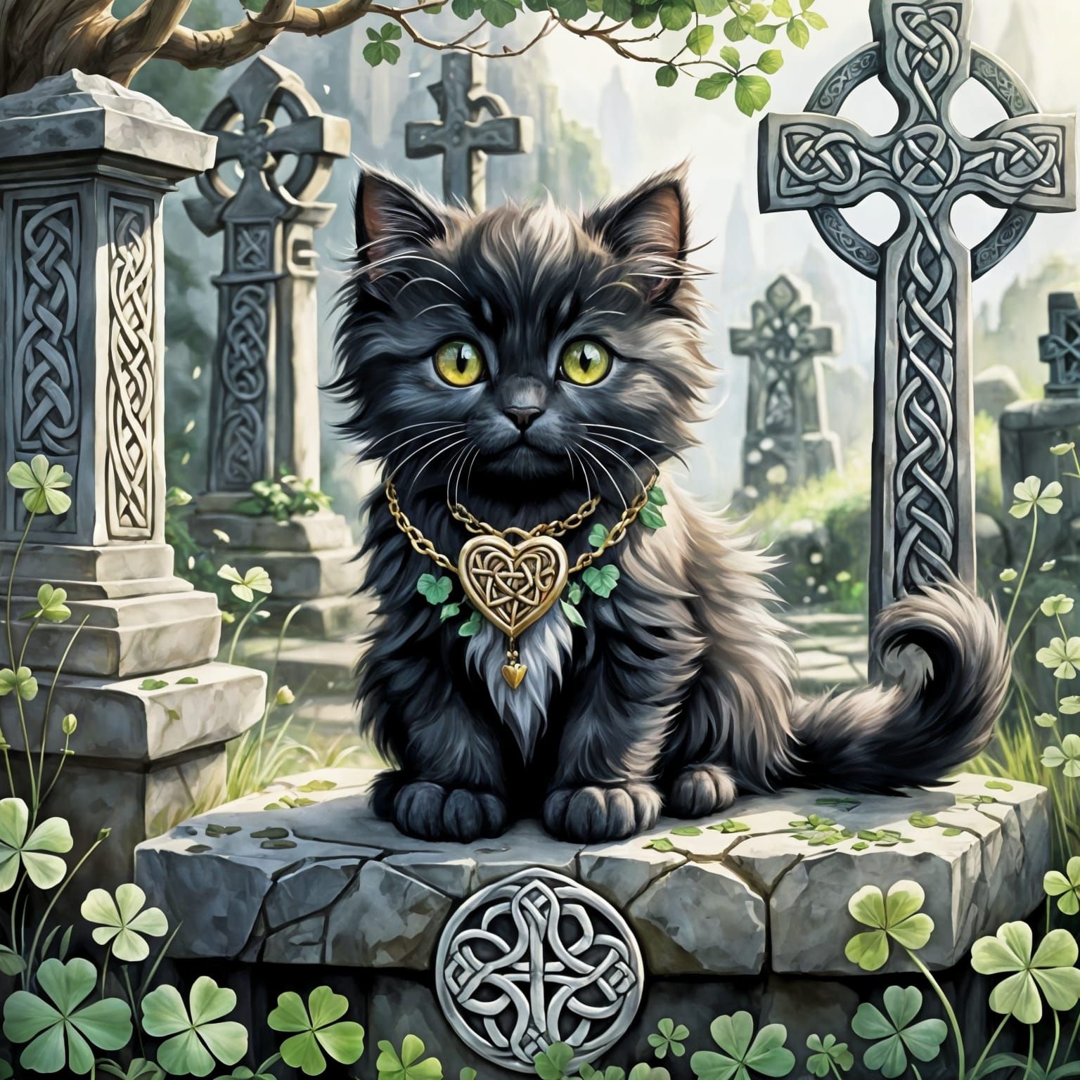 Mystical Black Kitten Stares at Celtic Cross