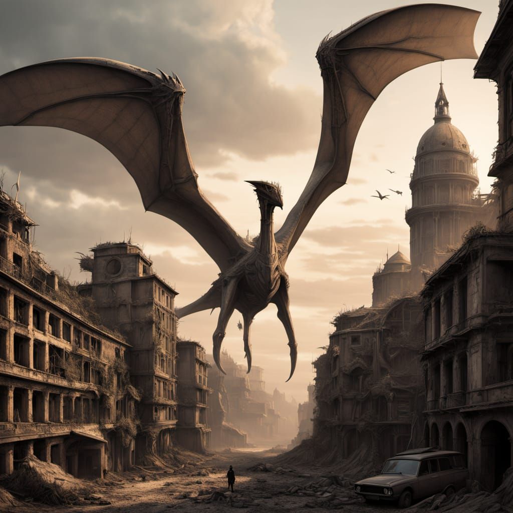 Surreal Pterodactyl Soars Above a Crumbling Metropolis in Su...