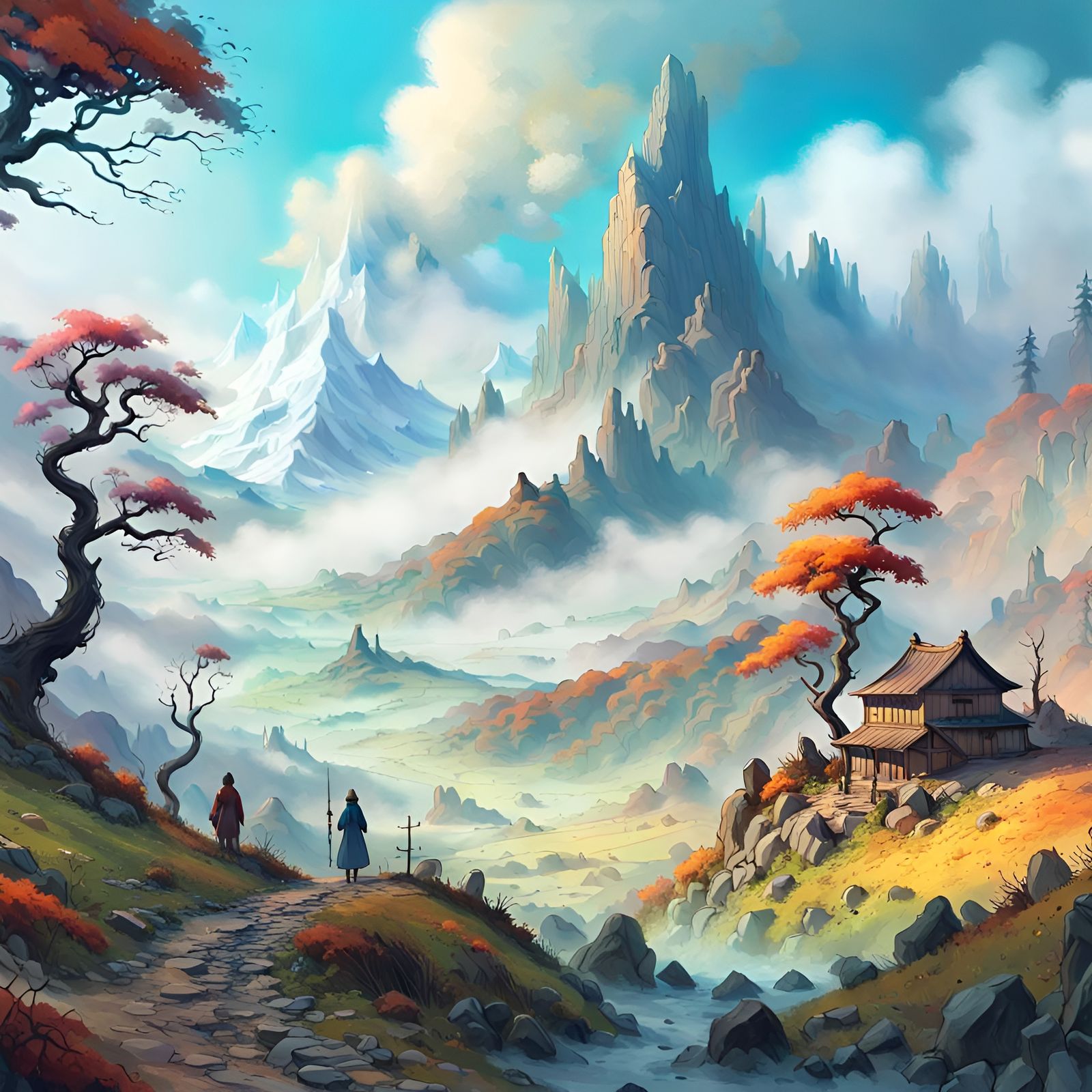 Surreal Misty Mountain Landscape in Vivid Colors