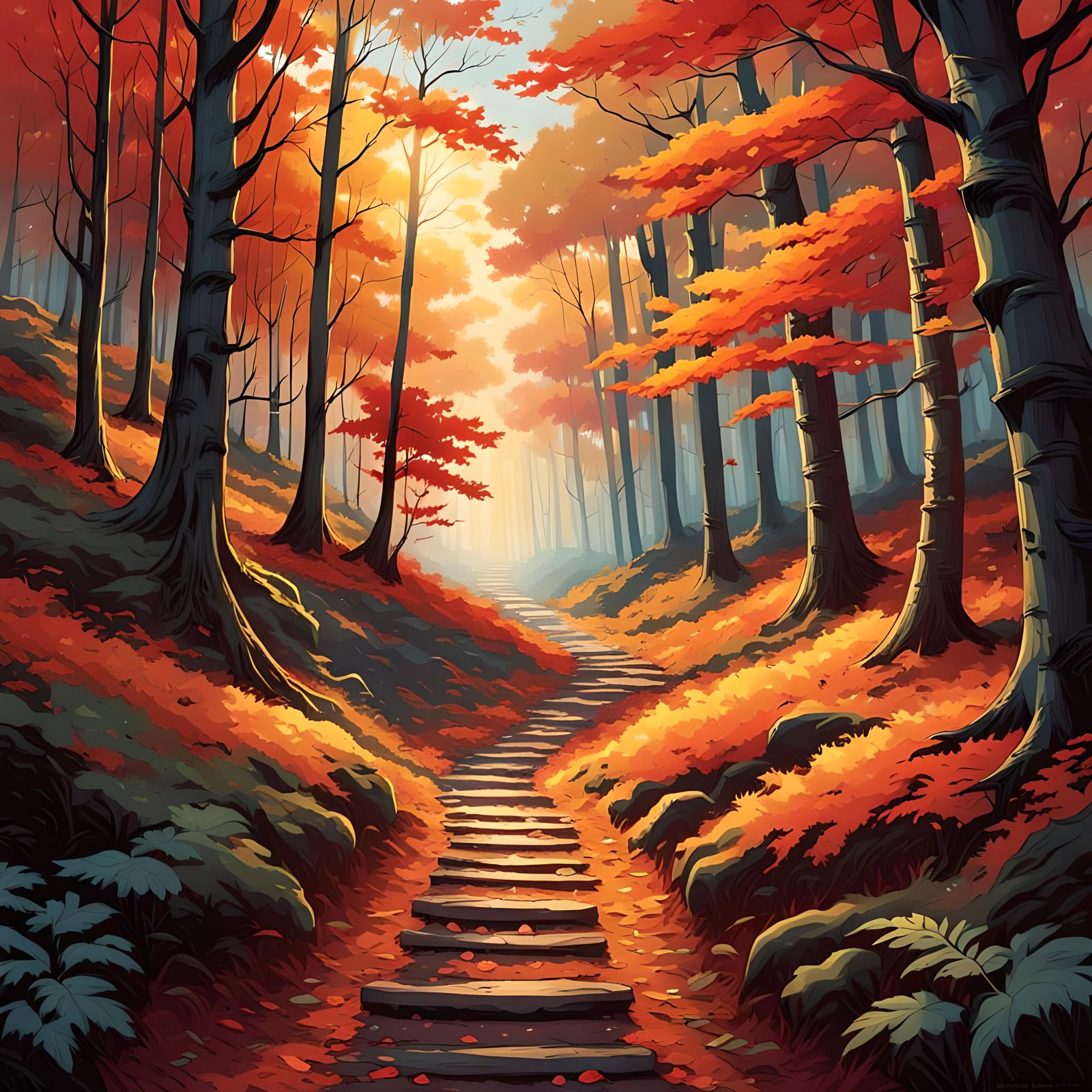 Autumn Forest Path at Sunset in Comic Book Art Style